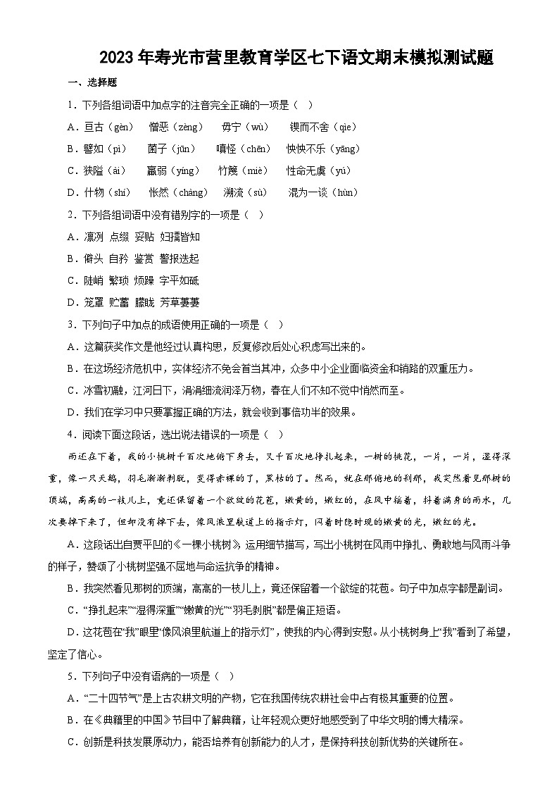 山东省寿光市营里教育学区2022—2023学年七年级下学期语文期末模拟测试题（含答案）第1页