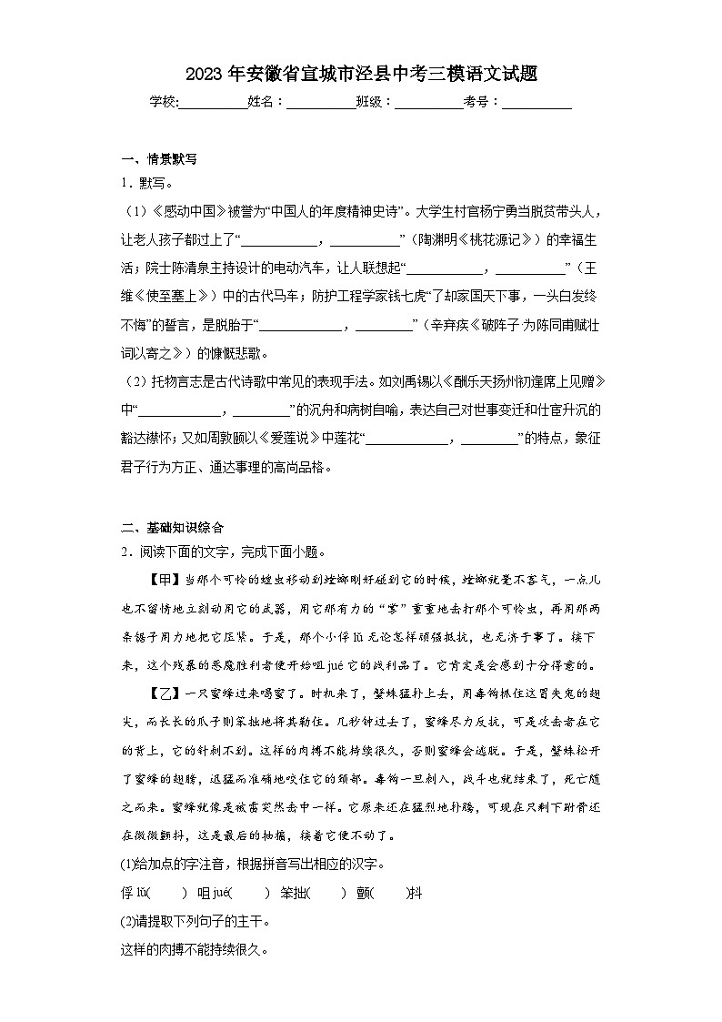 2023年安徽省宣城市泾县中考三模语文试题（含解析）01