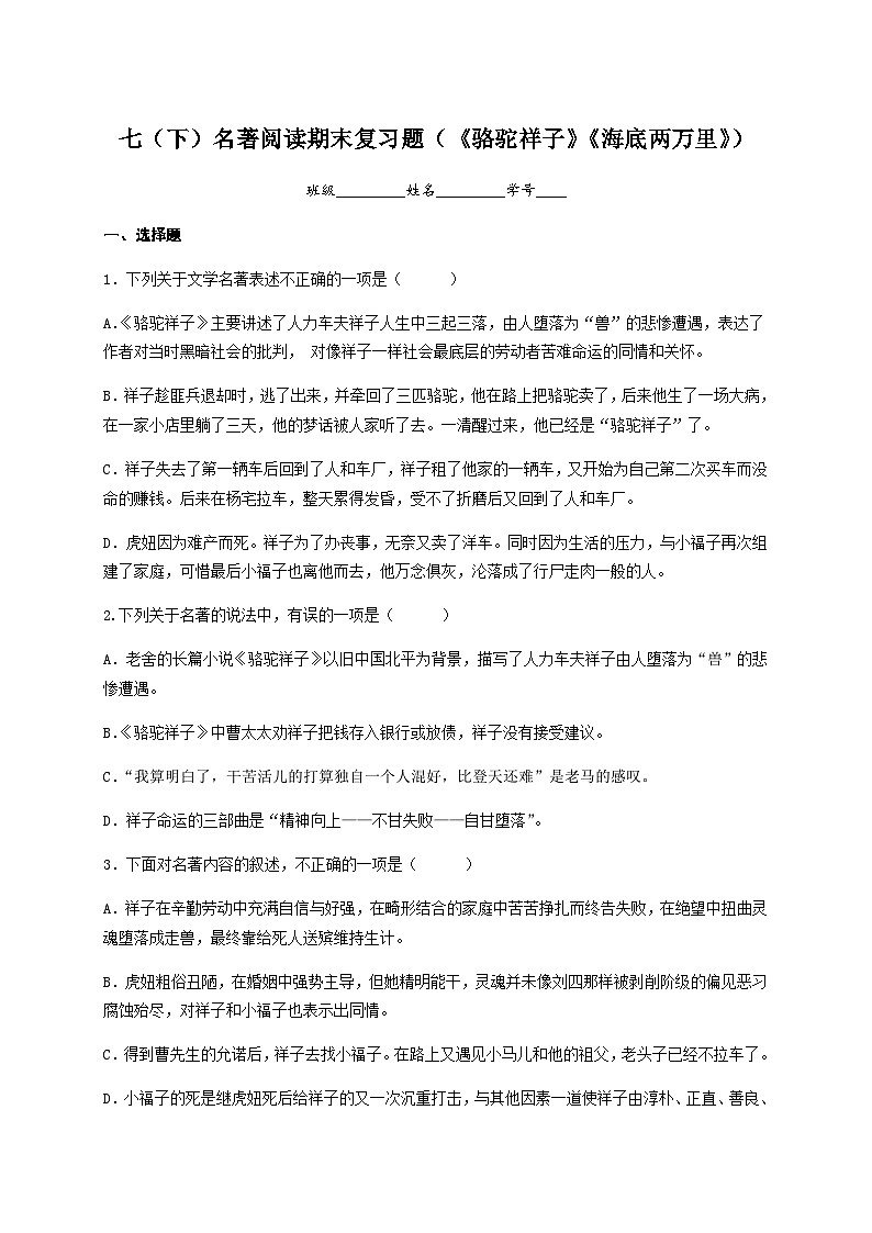 名著阅读期末复习题（《骆驼祥子》《海底两万里》）-2022-2023学年七年级语文下学期期末备考实用高效总复习（部编版）01