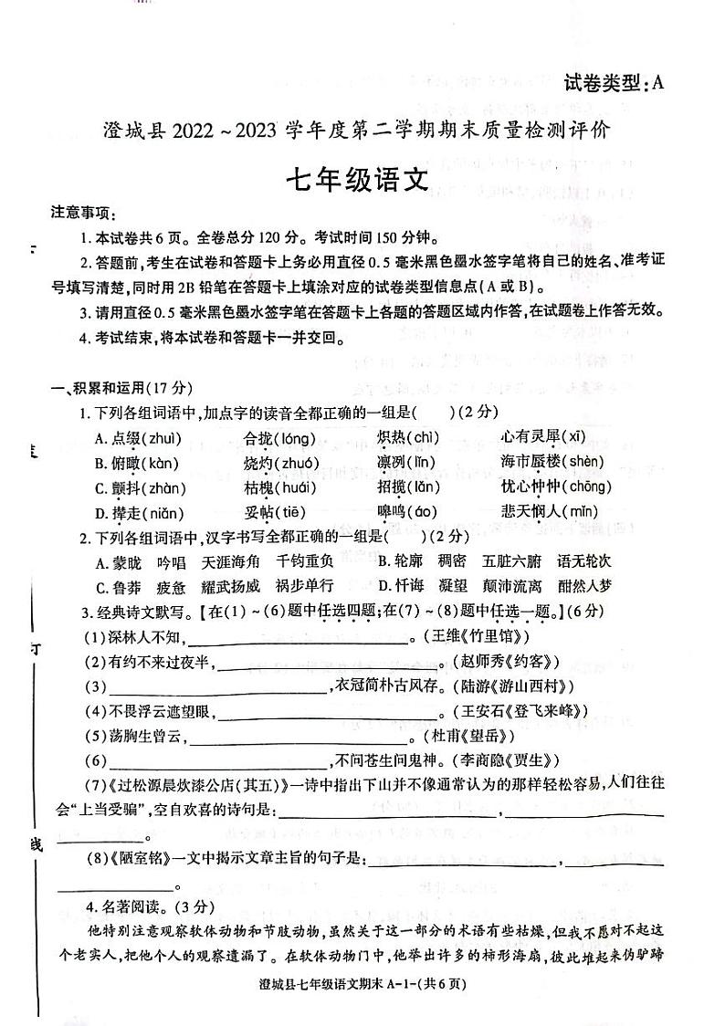 陕西省渭南市澄城县2022-2023学年七年级下学期期末考试语文试题01