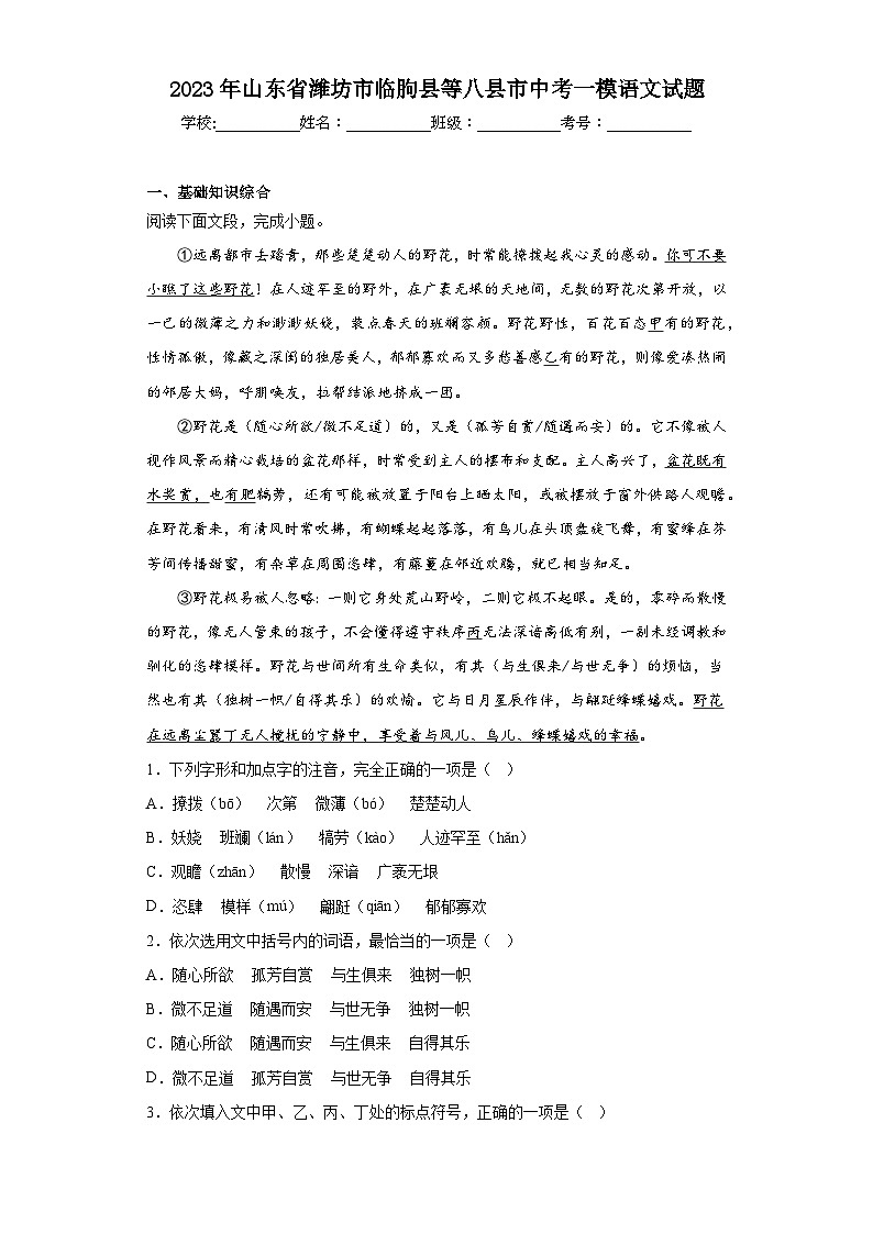 2023年山东省潍坊市临朐县等八县市中考一模语文试题（含解析）01