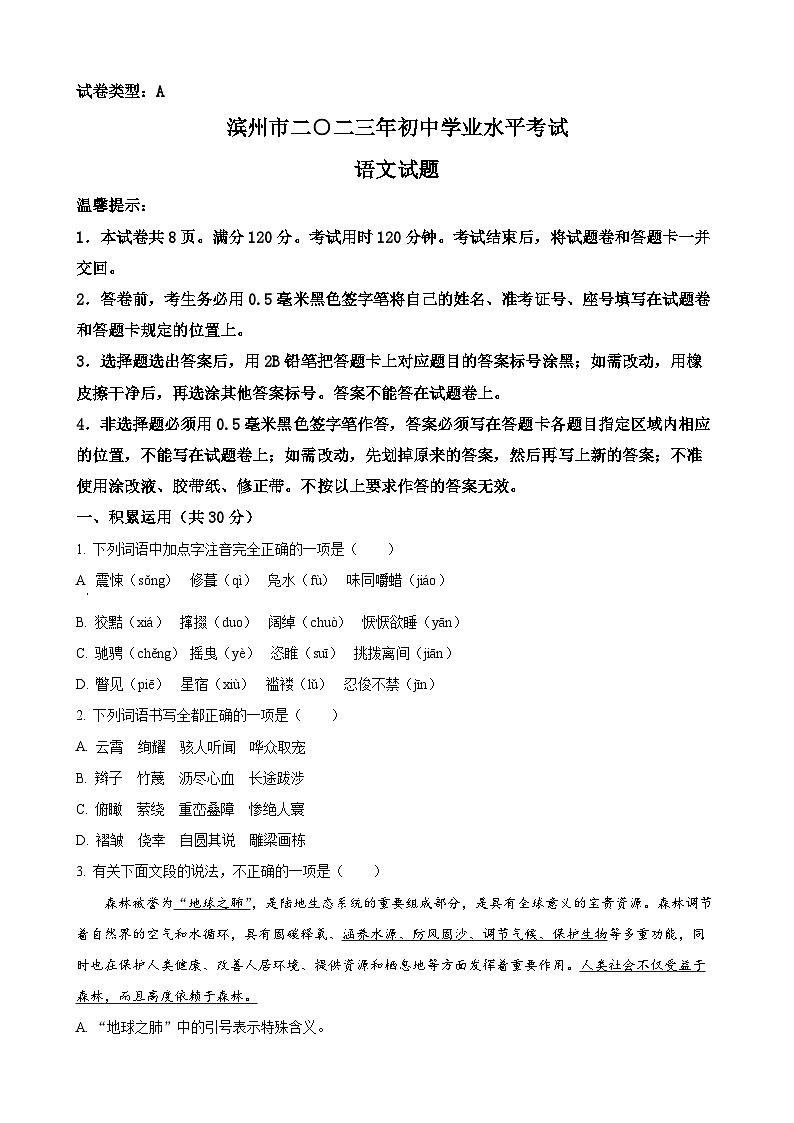 2023年山东省滨州市中考语文真题01