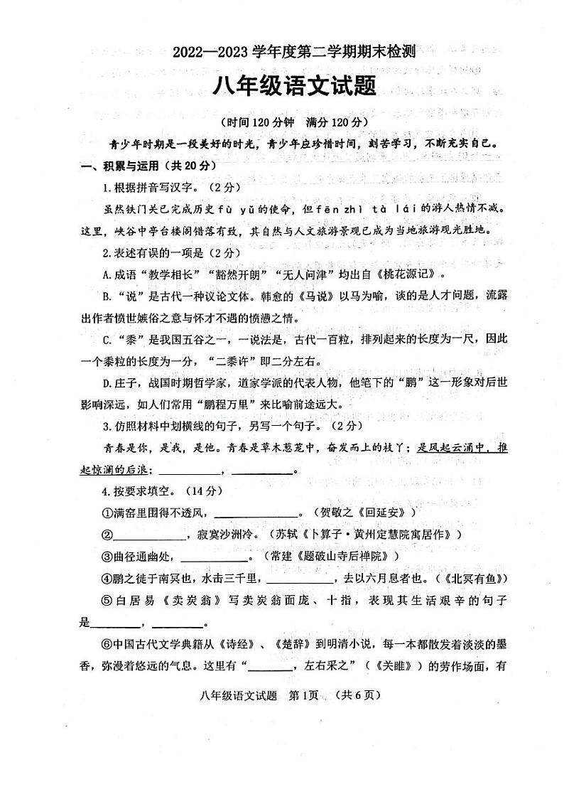 山东省聊城市东阿县2022-2023学年八年级下学期期末语文试题01