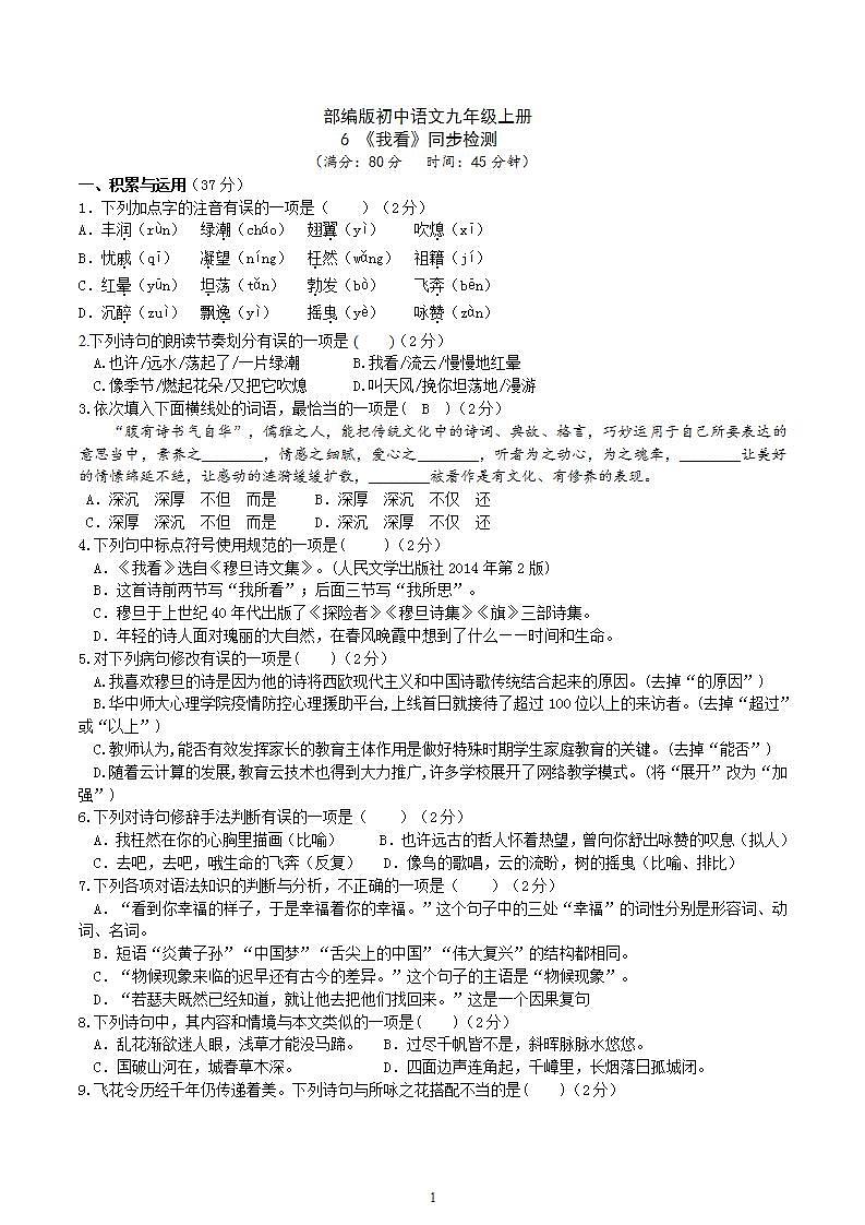 【核心素养】部编版初中语文九年级上册6《 我看》 课件+教案+同步测试（含答案）+导学案（师生版）01