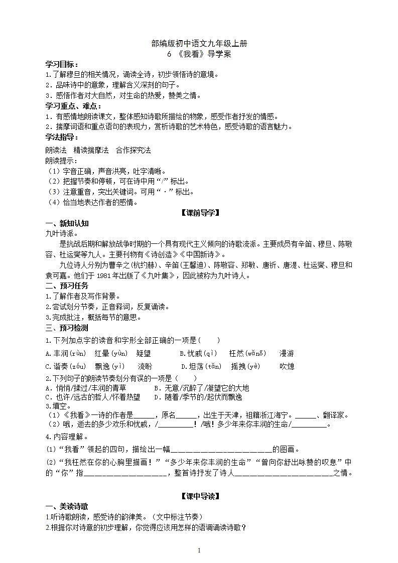 【核心素养】部编版初中语文九年级上册6《 我看》 课件+教案+同步测试（含答案）+导学案（师生版）01