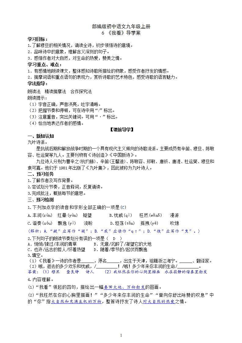 【核心素养】部编版初中语文九年级上册6《 我看》 课件+教案+同步测试（含答案）+导学案（师生版）01