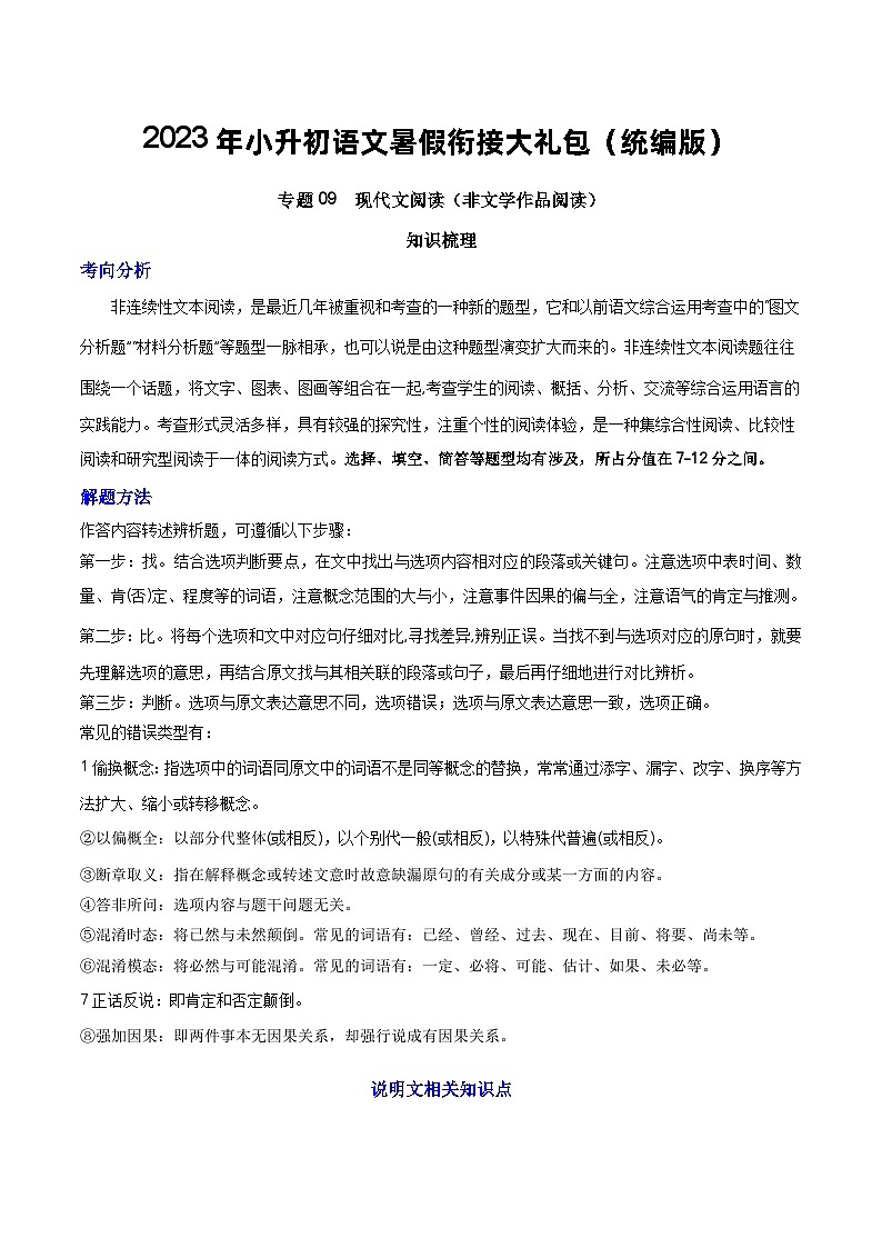 【暑假初中预备】部编版语文六年级暑假-专题09-现代文阅读（非文学作品阅读）（知识梳理+预习作业）01