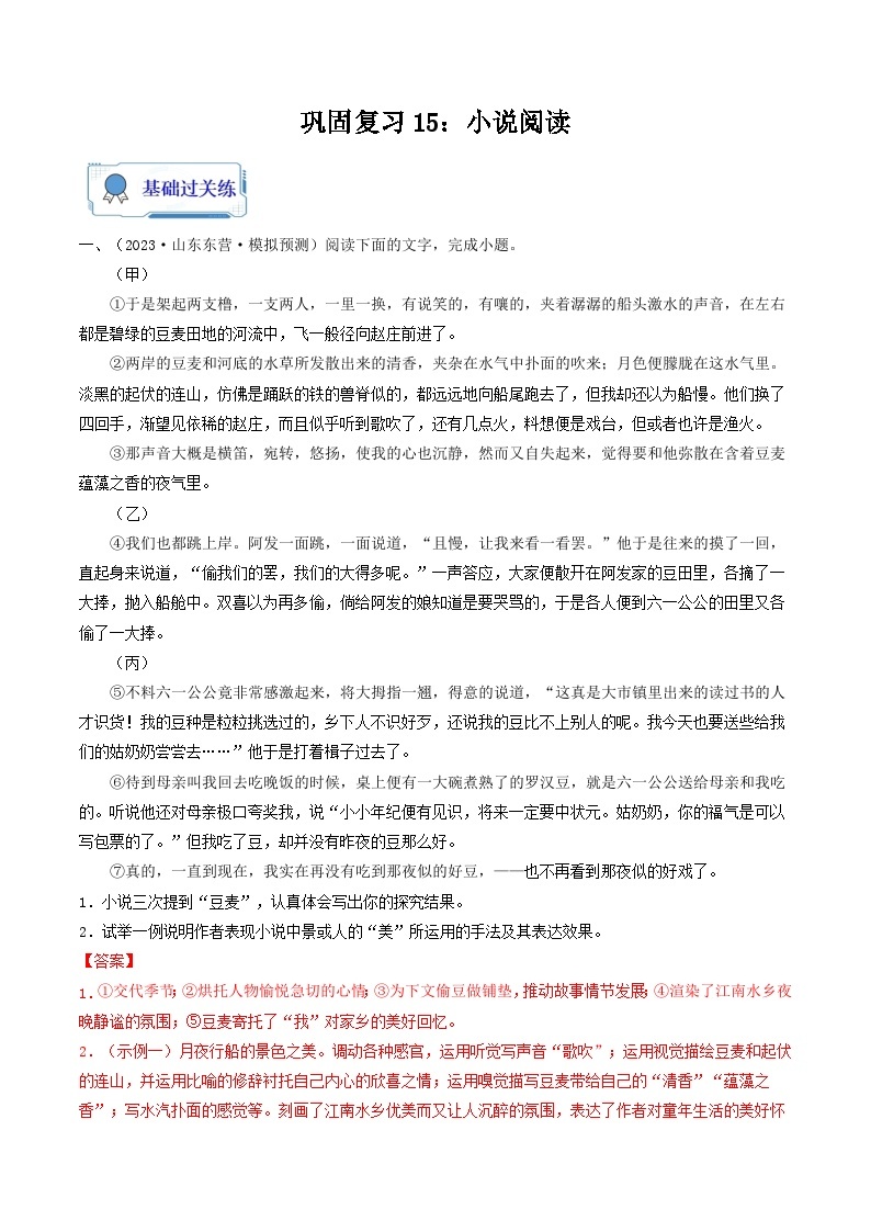 【暑假复习巩固】部编版语文八年级暑假-专题15：小说阅读-综合练习（含解析）01