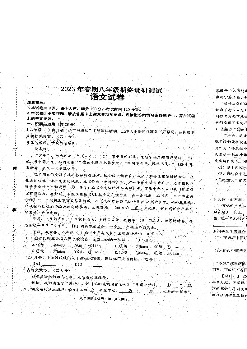 河南省镇平县2022-2023学年八年级下学期期末调研测试语文试卷01