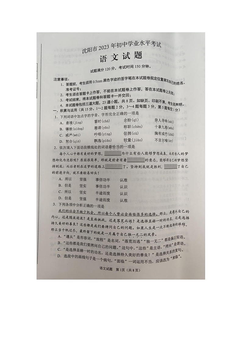 2023年辽宁省沈阳市中考语文真题01