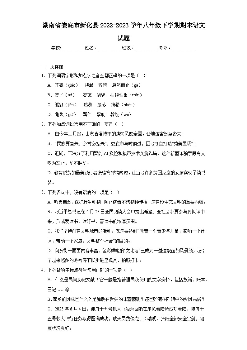 湖南省娄底市新化县2022-2023学年八年级下学期期末语文试题（含答案）01
