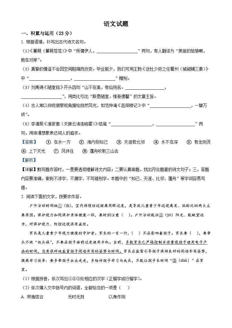 2023年福建省中考语文真题01