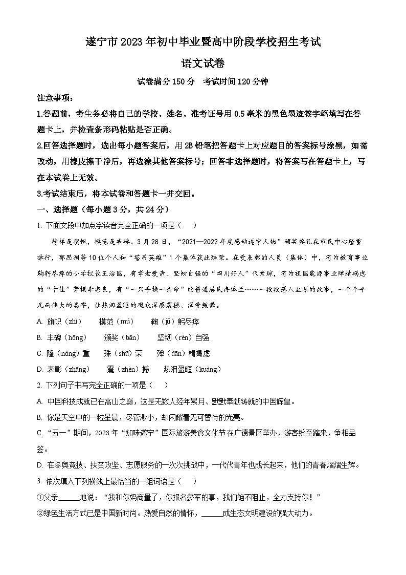 2023年四川省遂宁市中考语文真题01