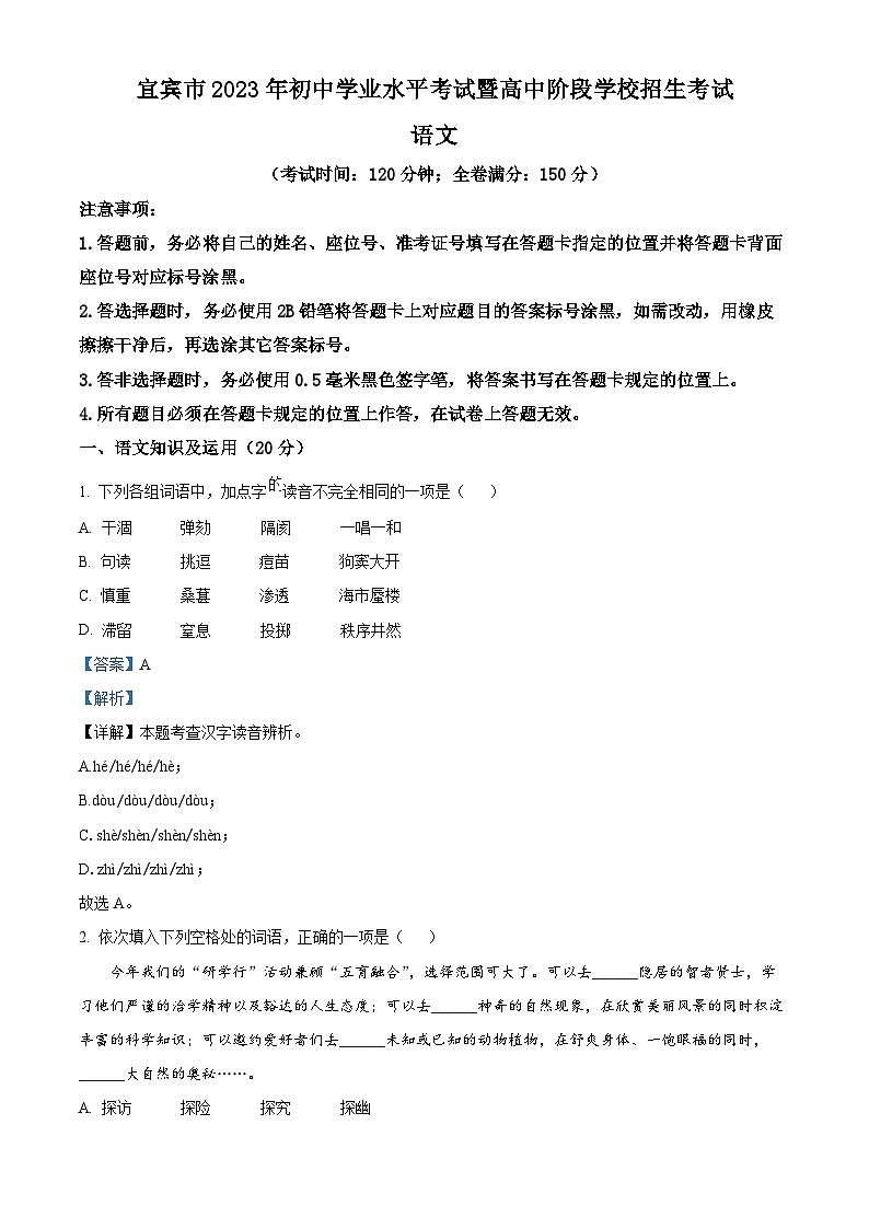 2023年四川省宜宾市中考语文真题01