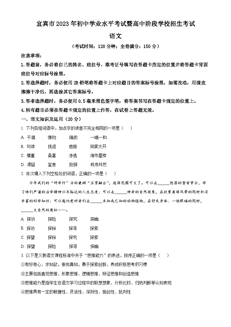 2023年四川省宜宾市中考语文真题01