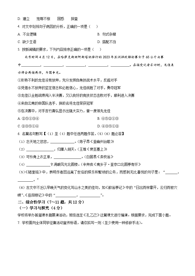 2023年云南省中考语文真题02