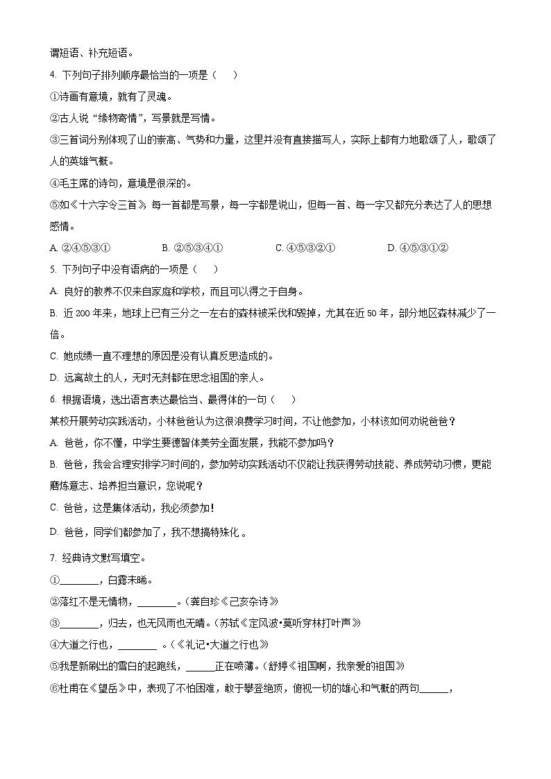 2023年黑龙江省绥化市中考语文真题02