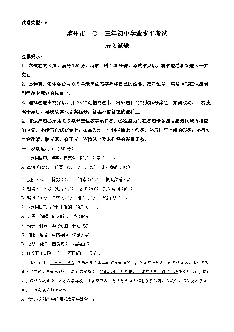 2023年山东省滨州市中考语文真题01