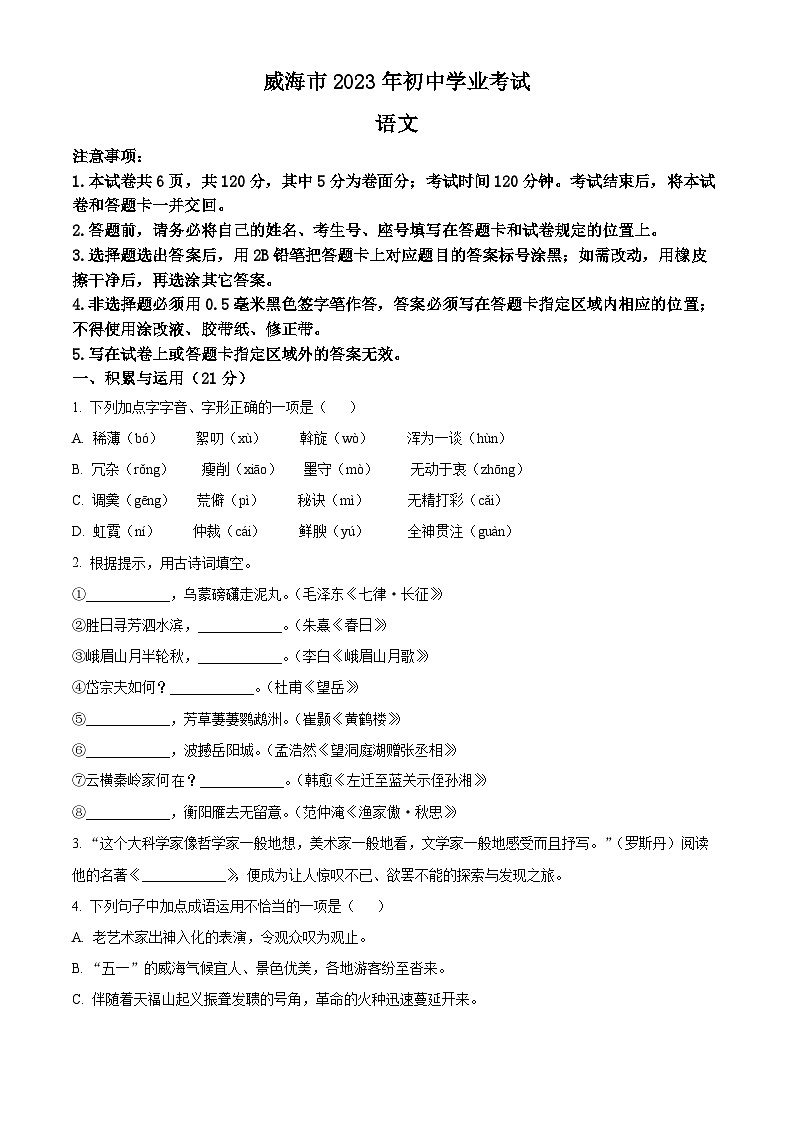 2023年山东省威海市中考语文真题01