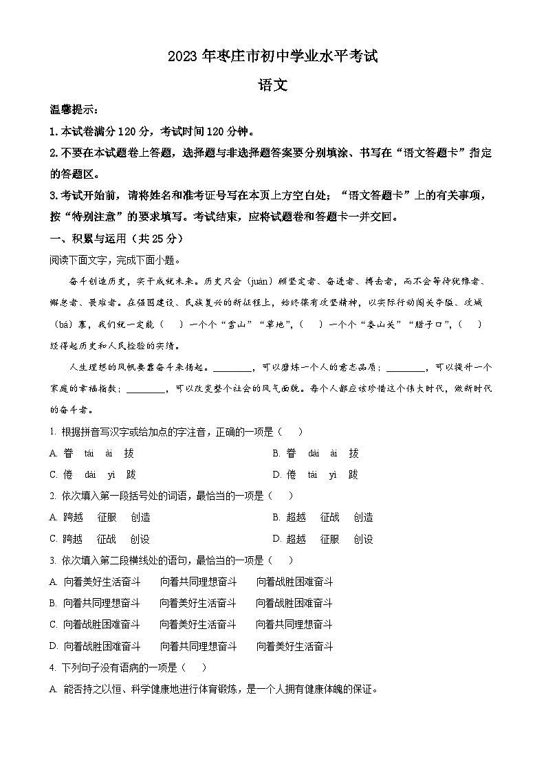 2023年山东省枣庄市中考语文真题01