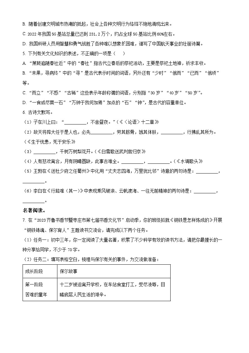 2023年山东省枣庄市中考语文真题02