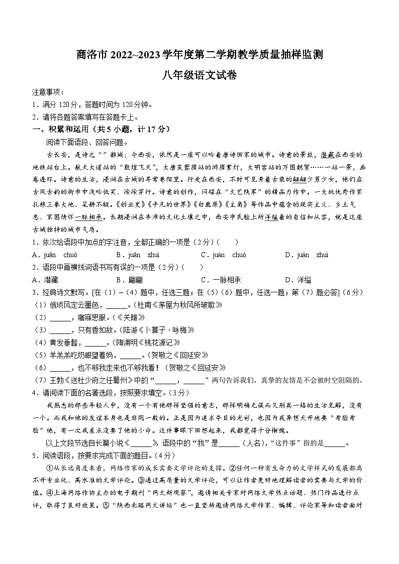 陕西省商洛市2022_2023学年八年级下学期语文试题（含答案）01