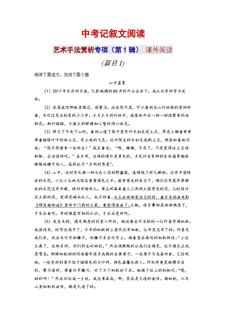 记叙文阅读理解 【艺术手法赏析】专项     中考语文二轮复习 练习01