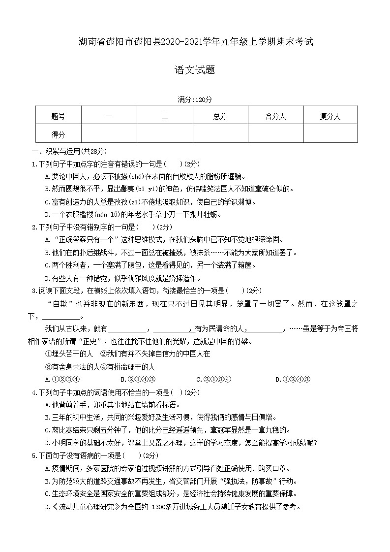 湖南省邵阳市邵阳县2020-2021学年九年级上学期期末考试语文试题01