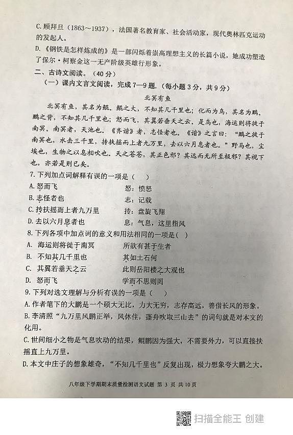 山东省泰安市东平县2022-2023学年八年级下学期期末考试语文试题03