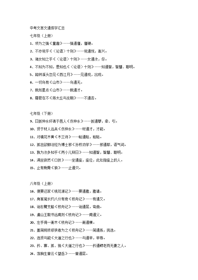 初中语文文言文通假字汇总第1页