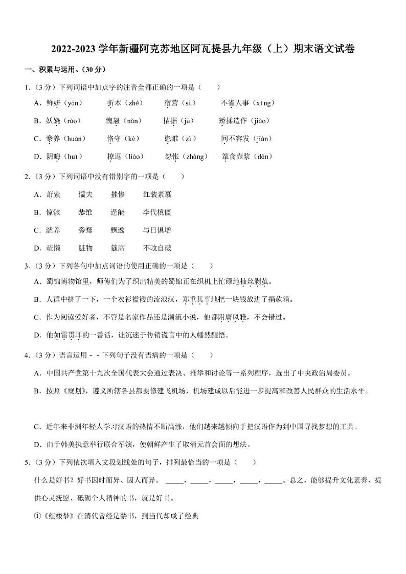 2022-2023学年新疆阿克苏地区阿瓦提县九年级（上）期末语文试卷01