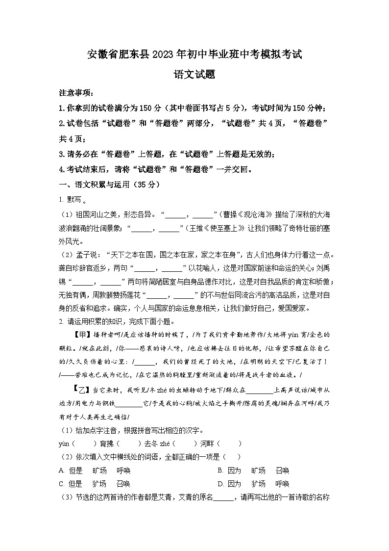2023年安徽省肥东县中考模拟语文试题（学生版）01