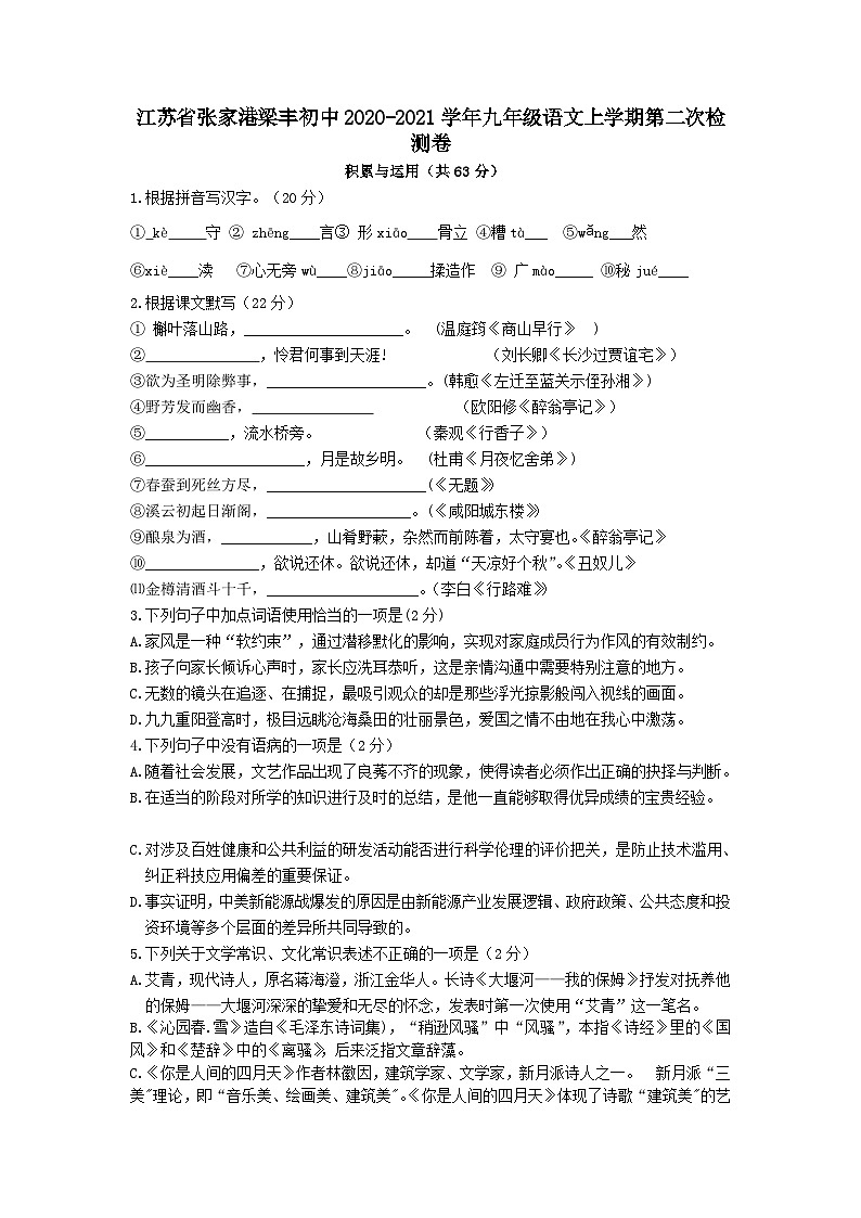 江苏省张家港梁丰初中2020-2021学年九年级语文上学期第二次检测卷第1页