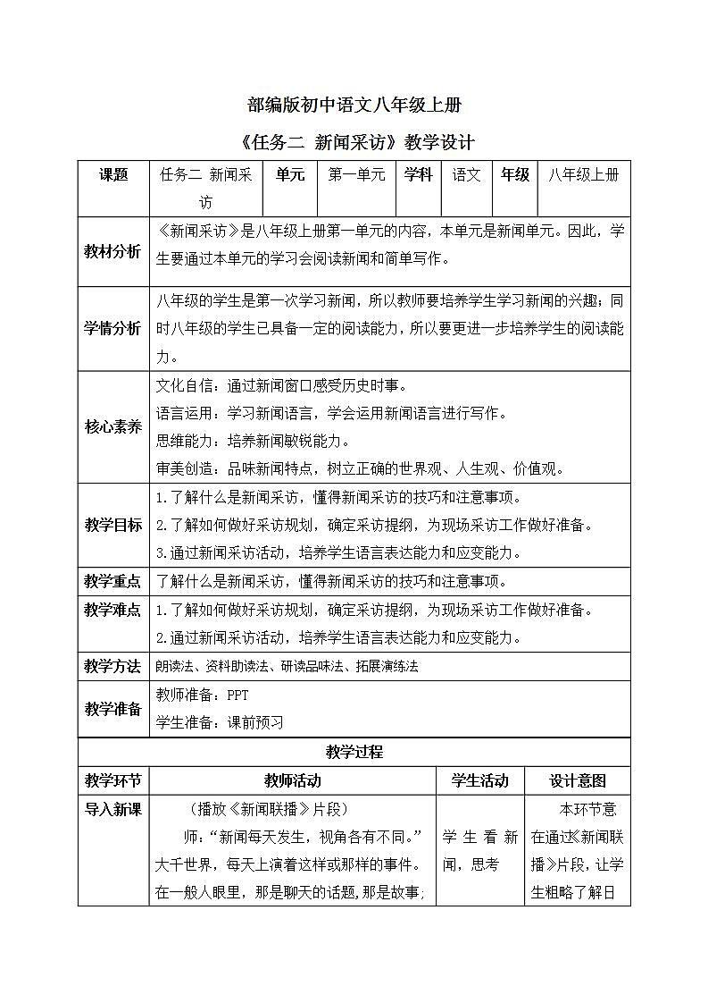 【核心素养目标】人教部编版初中语文八年级上册 《任务二 新闻采访》课件+教案+同步分层练习（含答案）01