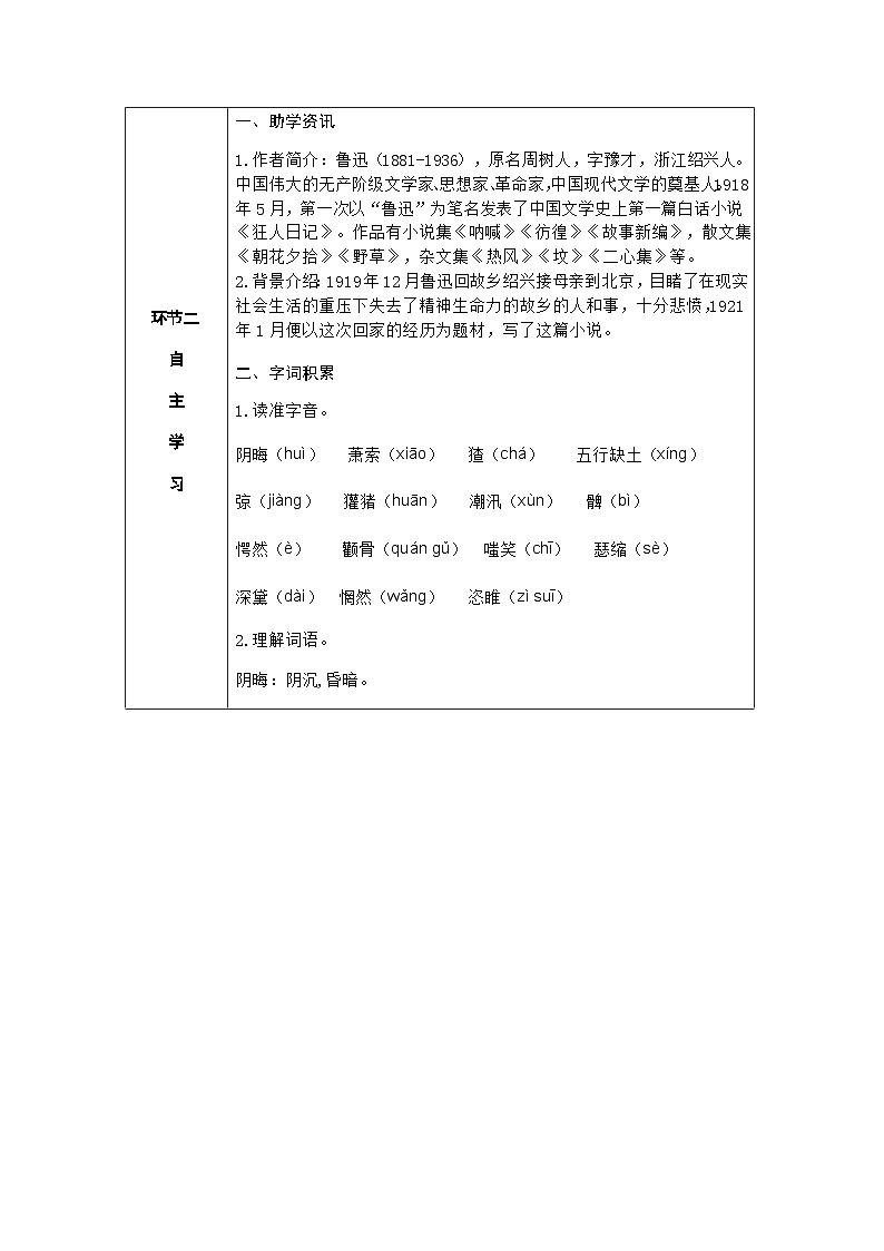 人教部编版语文九上 15.故乡 （导学案）02