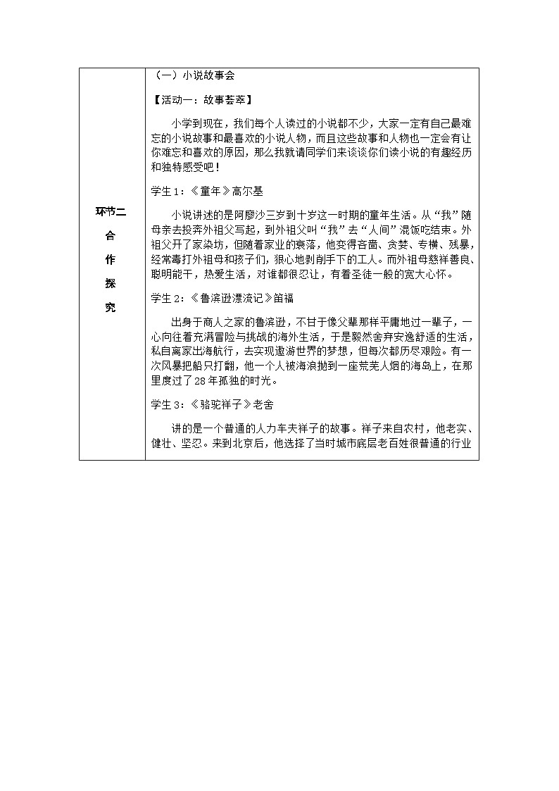 人教部编版语文九上 综合性学习  走进小说天地 （导学案）02