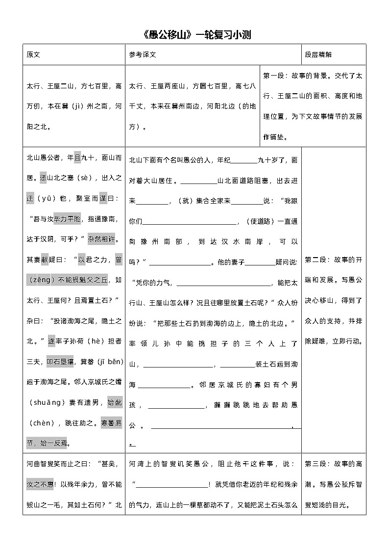 《愚公移山》一轮复习小测01