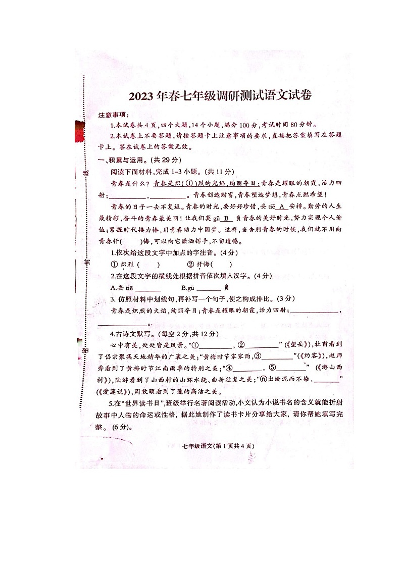 河南省南阳市镇平县2022-2023学年七年级下学期抽考语文试卷01