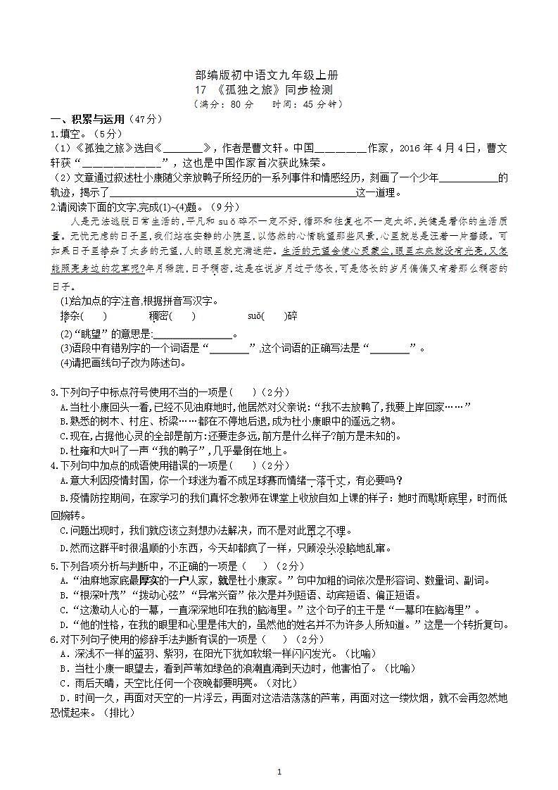 【核心素养】部编版初中语文九年级上册17《孤独之旅》 课件+教案+导学案（师生版）+同步测试（含答案）01