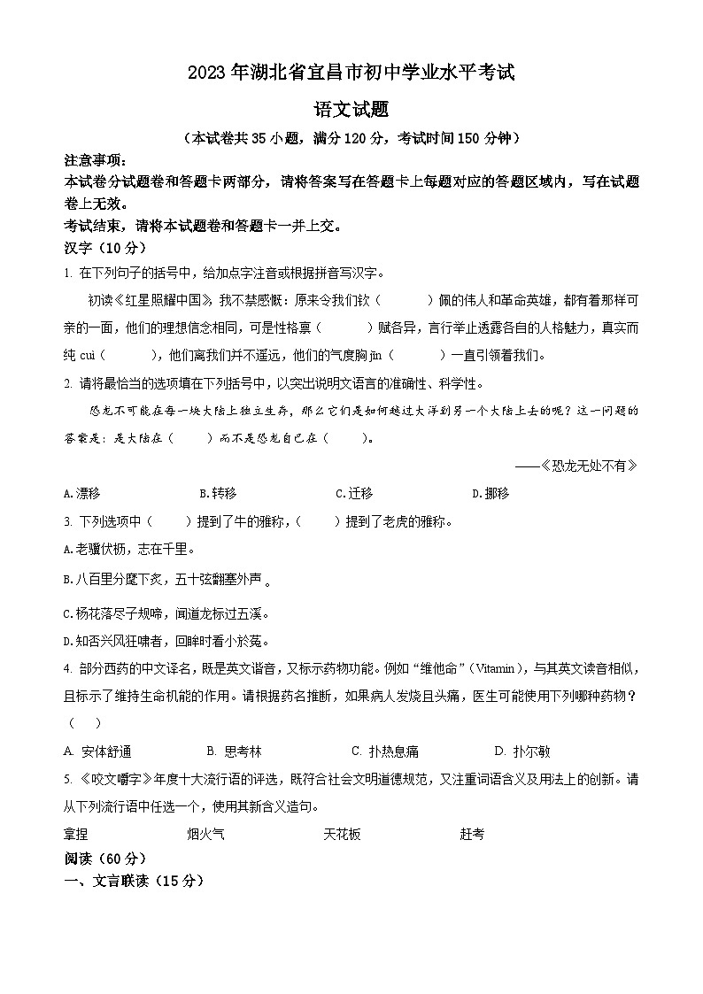 2023年湖北省宜昌市中考真题语文试卷及答案解析01