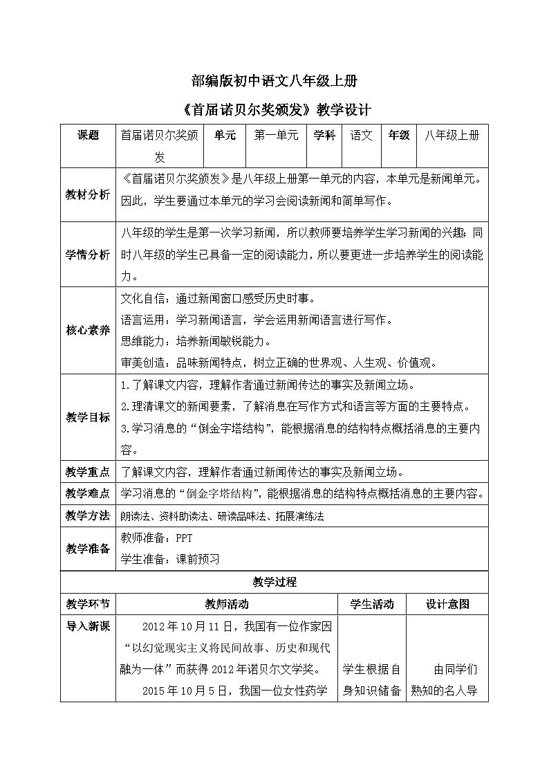 【核心素养目标】人教部编版初中语文八年级上册 《首届诺贝尔奖颁发 》课件+教案+同步分层练习（含答案）01