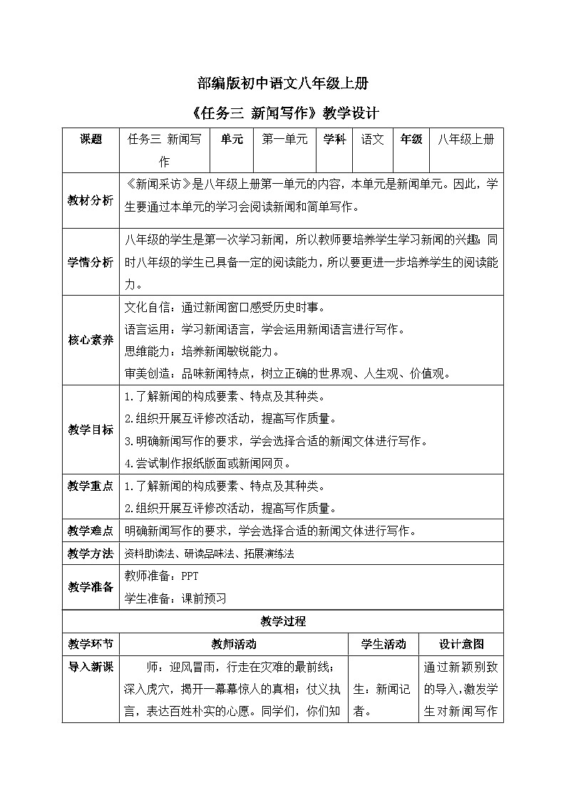 【核心素养目标】人教部编版初中语文八年级上册 《任务三 新闻写作》课件+教案+同步分层练习（含答案）01