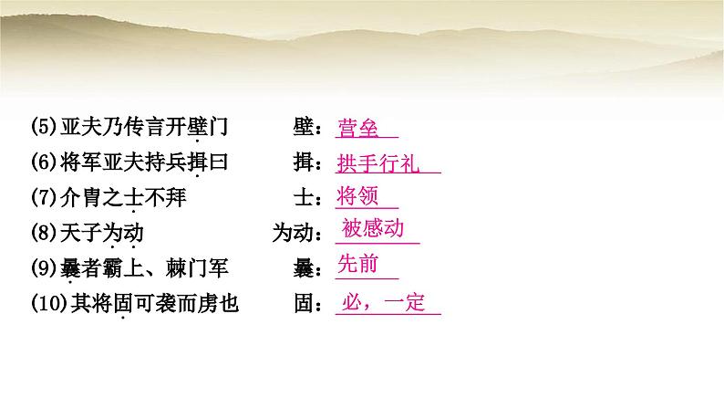 中考语文复习文言文基础储备练27周亚夫军细柳教学课件07