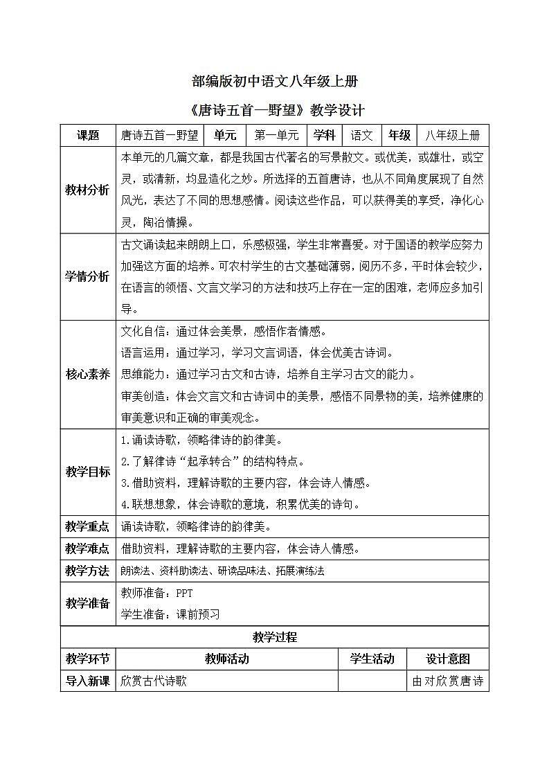【核心素养目标】人教部编版初中语文八年级上册 《唐诗五首—野望》第一课时课件+教案+同步分层练习（含答案）01