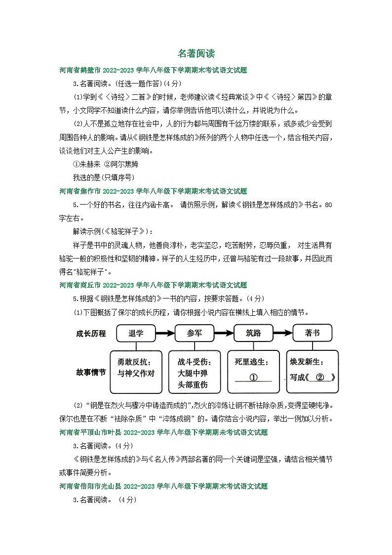 河南省部分地区2022-2023学年下学期八年级语文期末试卷汇编：名著阅读01