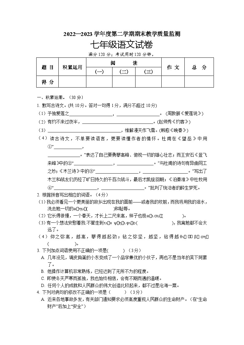 广东省湛江市麻章区2022-2023学年七年级下学期期末考试语文试题（含答案）01