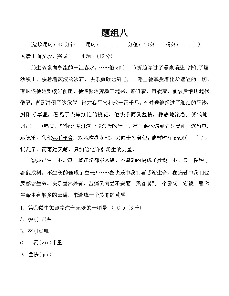 中考语文复习题组八含答案01