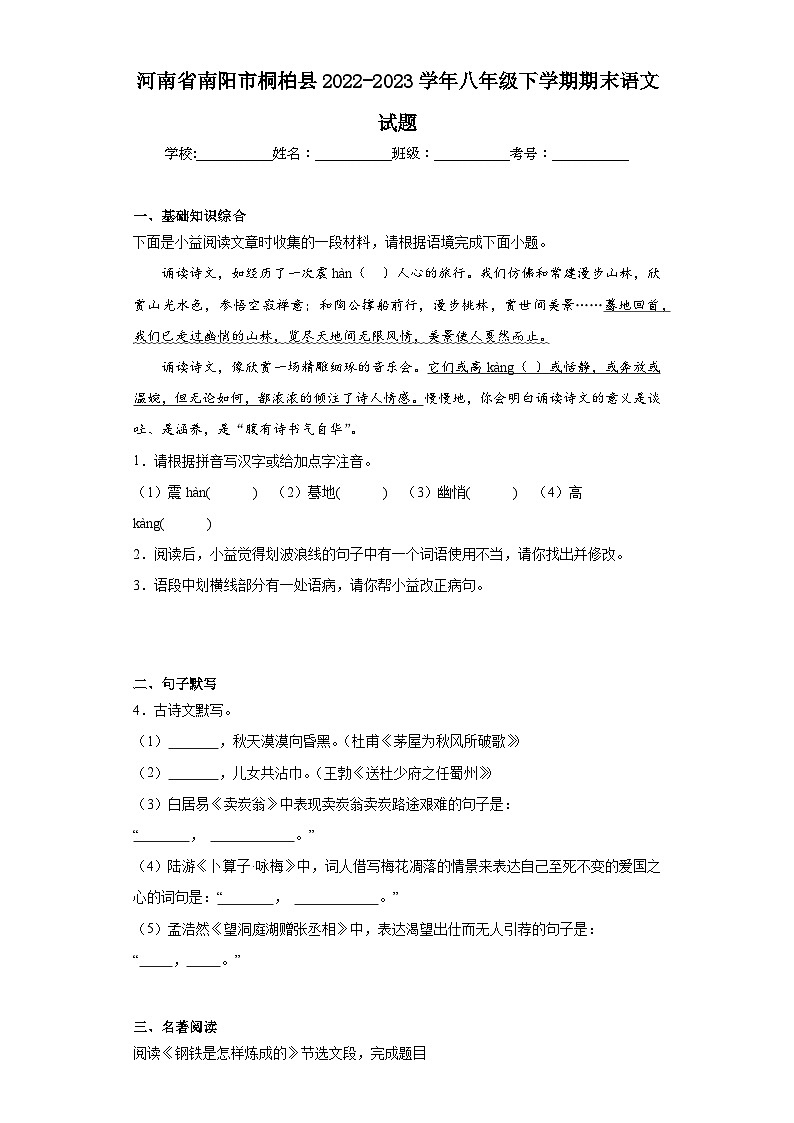 河南省南阳市桐柏县2022-2023学年八年级下学期期末语文试题（含答案）01