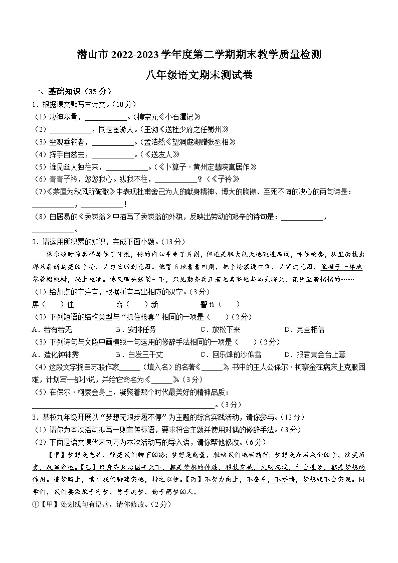 安徽省安庆市潜山市2022-2023学年八年级下学期期末语文试题（含答案）01