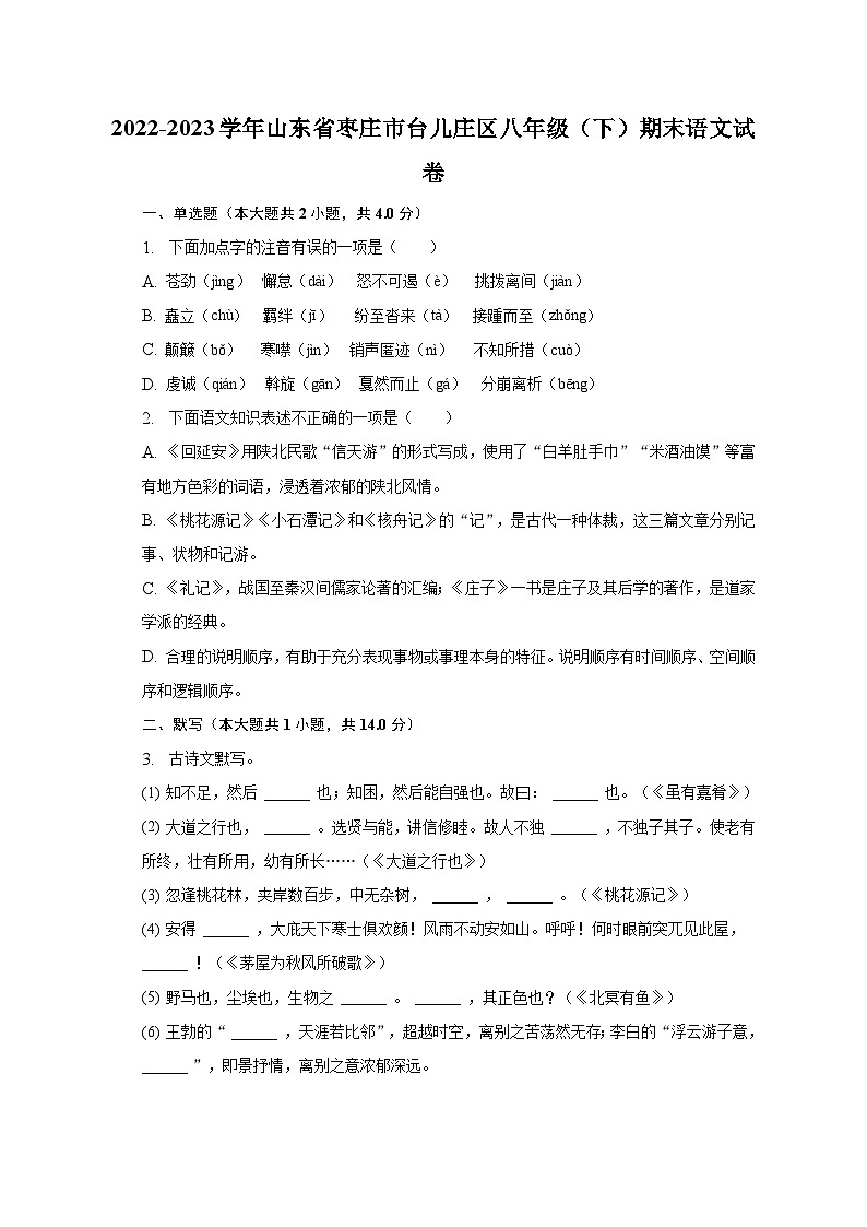 2022-2023学年山东省枣庄市台儿庄区八年级（下）期末语文试卷（含解析）01